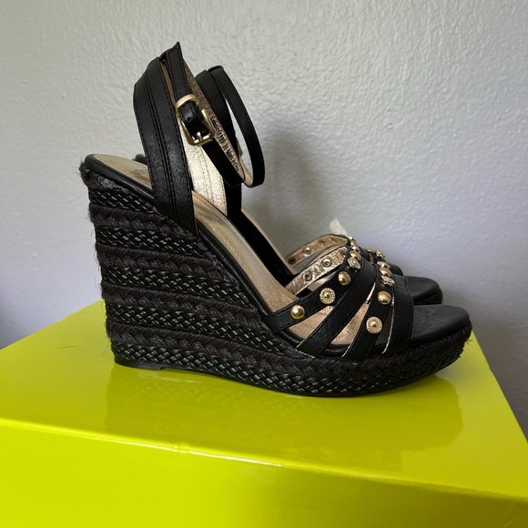 Versace Jeans Collection Black Wedge Heels with Gold Accents - Picture 7 of 8
